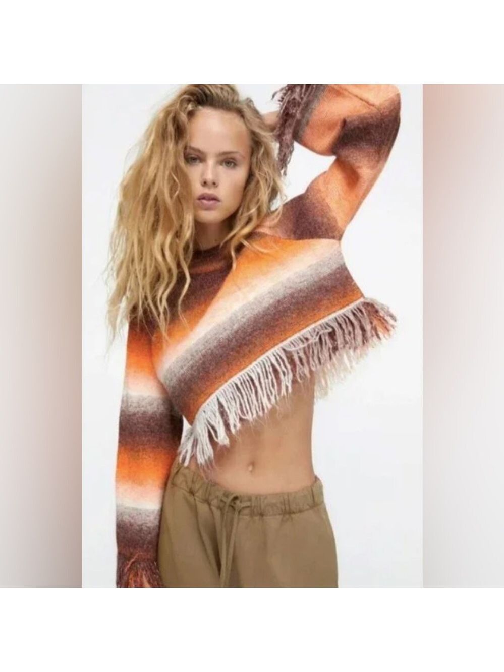 NWOT Zara ombre effect Boho fringe detail striped knit crop sweater Sz S